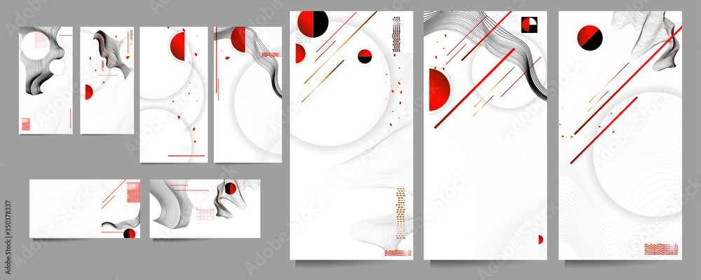 Naklejka Czarny biały czerwony kolory plakat projekt szablony w stylu japońskim zestaw zaproszeń do linii streszczenie tło. Stockowa ilustracja grafika styl biznesowy