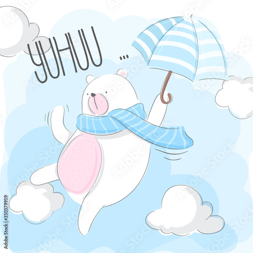 Cute bear flying with umbrella illustration for kids