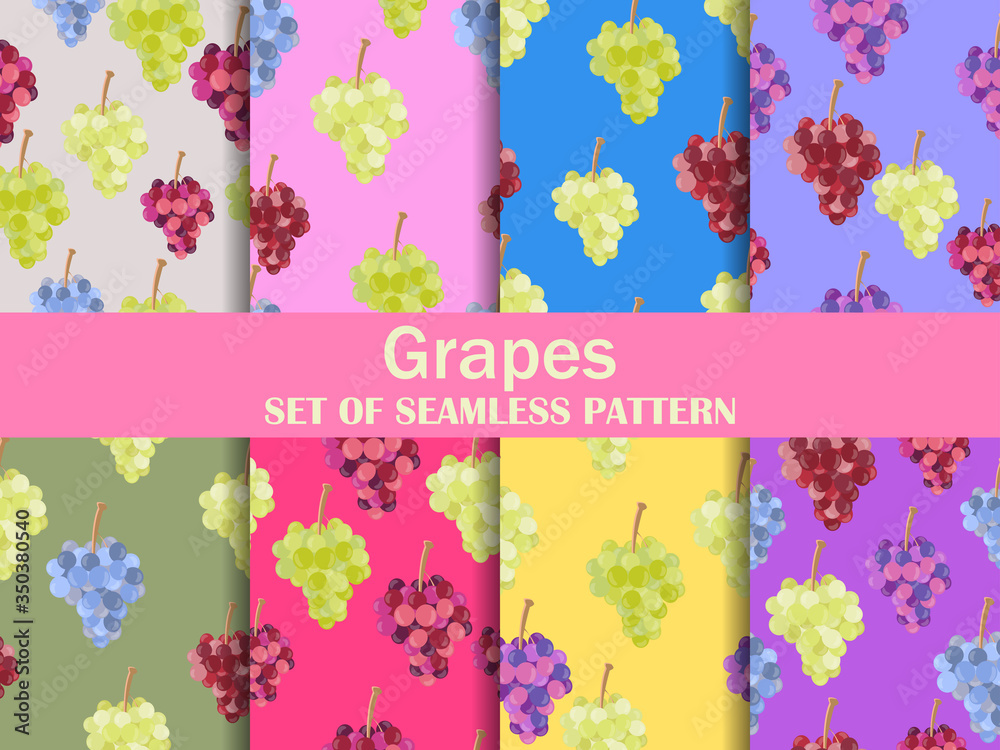 Obraz premium Grapes set of seamless pattern. Bunches of grapes on a colorful background for brochures, promotional material and wallpaper. Vector illustration