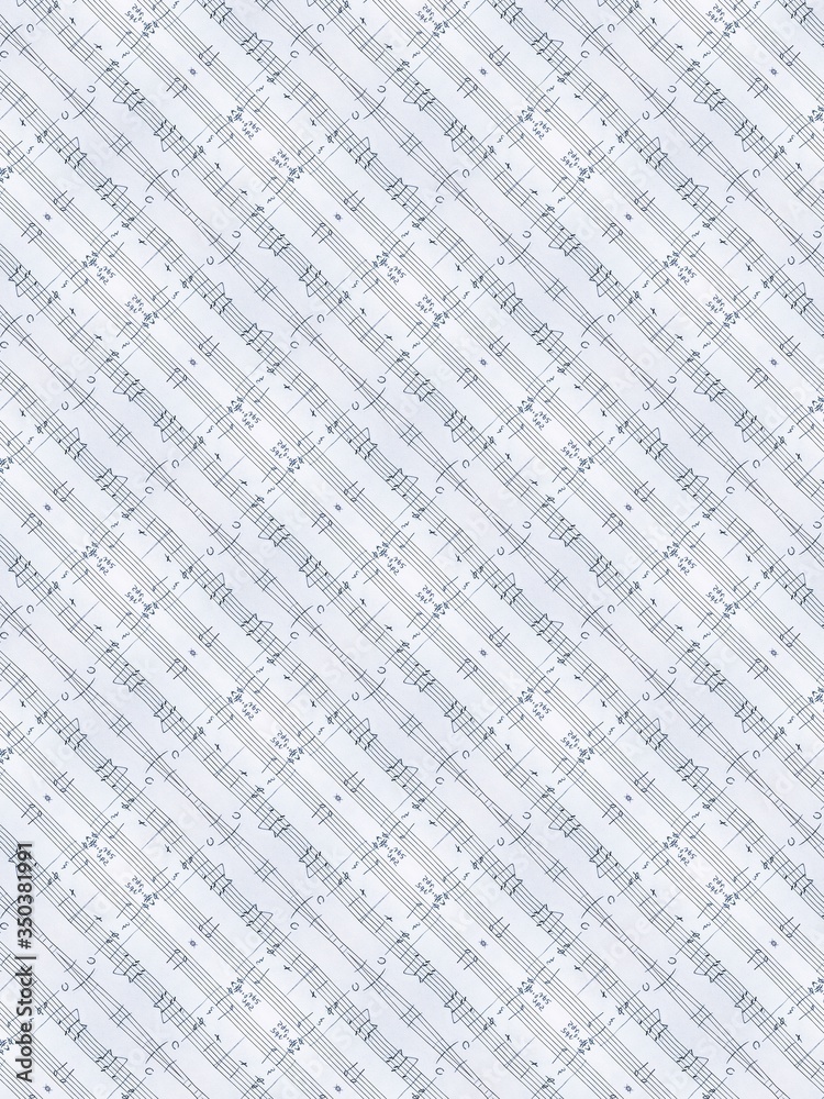 Obraz premium Hand written music sheet on white background. Light kaleidoscope pattern. Music notes and chord symbols. 