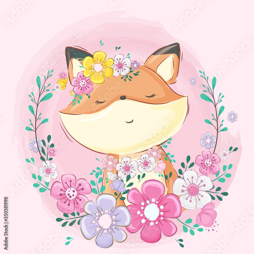 Cute fox cartoon with beautiful flowers