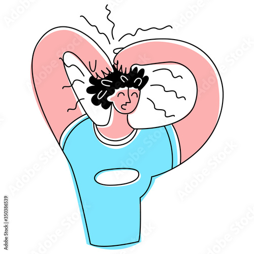 Vector flat illustration young woman scratching her head. Concept dermatological diseases, pediculosis, seborrhea, dermatoses, obsessive compulsive disorder. It can be used in web design, banners, pos