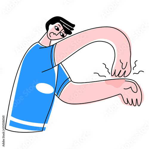 Vector flat illustration young man scratching skin of his hand. Concept skin diseases, allergies, itching. It can be used in web design, banners, posters, etc.