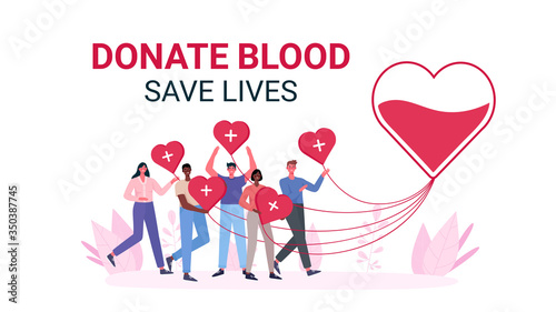 Volunteers woman and man donating blood. Blood donor charity. World Blood Donor Day, Health Care.People are holding hearts. For banner, poster, card, web, landing page.Flat cartoon vector illustration