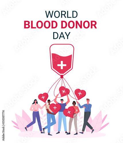 Volunteers woman and man donating blood. Blood donor charity. World Blood Donor Day, Health Care.People are holding hearts. For banner, poster, card, web, landing page.Flat cartoon vector illustration