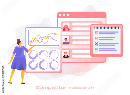 Cartoon icon with competitor research marketing business for SMM analytics, audience segmentation. 