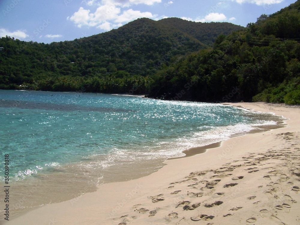 a tropical beach cove with footprints on St. John, US Virgin Islands