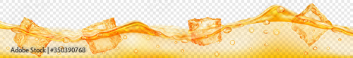 Horizontal banner with translucent ice cubes and air bubbles floating in water on transparent background. Vector illustration in yellow colors. Transparency only in vector format