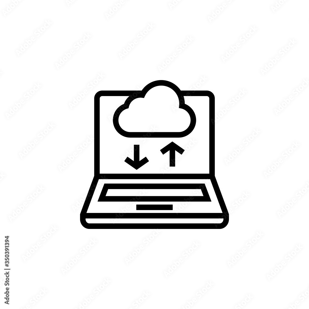 Laptop connected to cloud vector icon in linear, outline icon isolated on white background Laptop connected to cloud vector icon in linear, outline icon isolated on white background