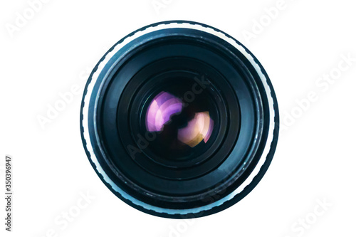 View inside old black potograpic lens with purple flare isolated on white background