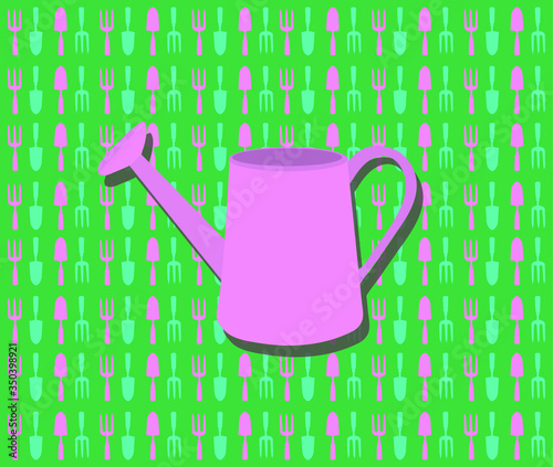 Watering can on a trowel and fork pattern background vector