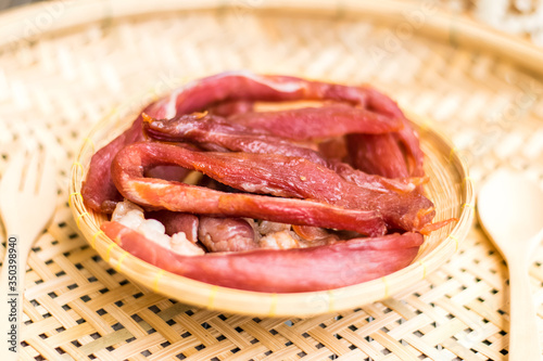 Dried meat in a bamboo dish