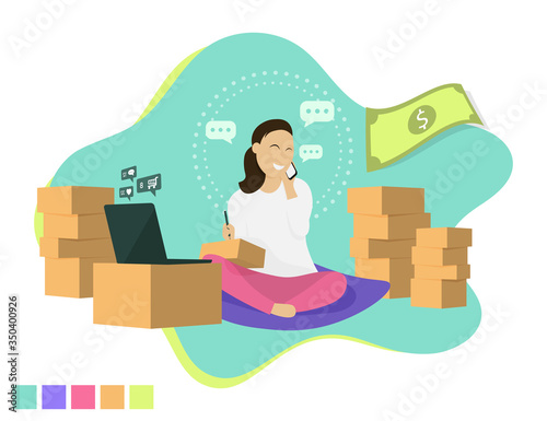 Happy girl talking on phone and taking note about orders. Online seller preparing products packaging for delivery. Online selling e-commerce concept. Work from home. Flat design vector illustration.