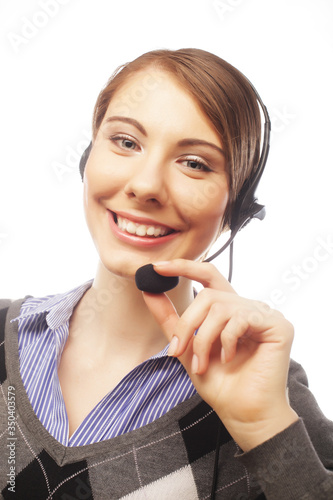 female customer service representative smiling on white backgroundfemale customer service representative smiling photo