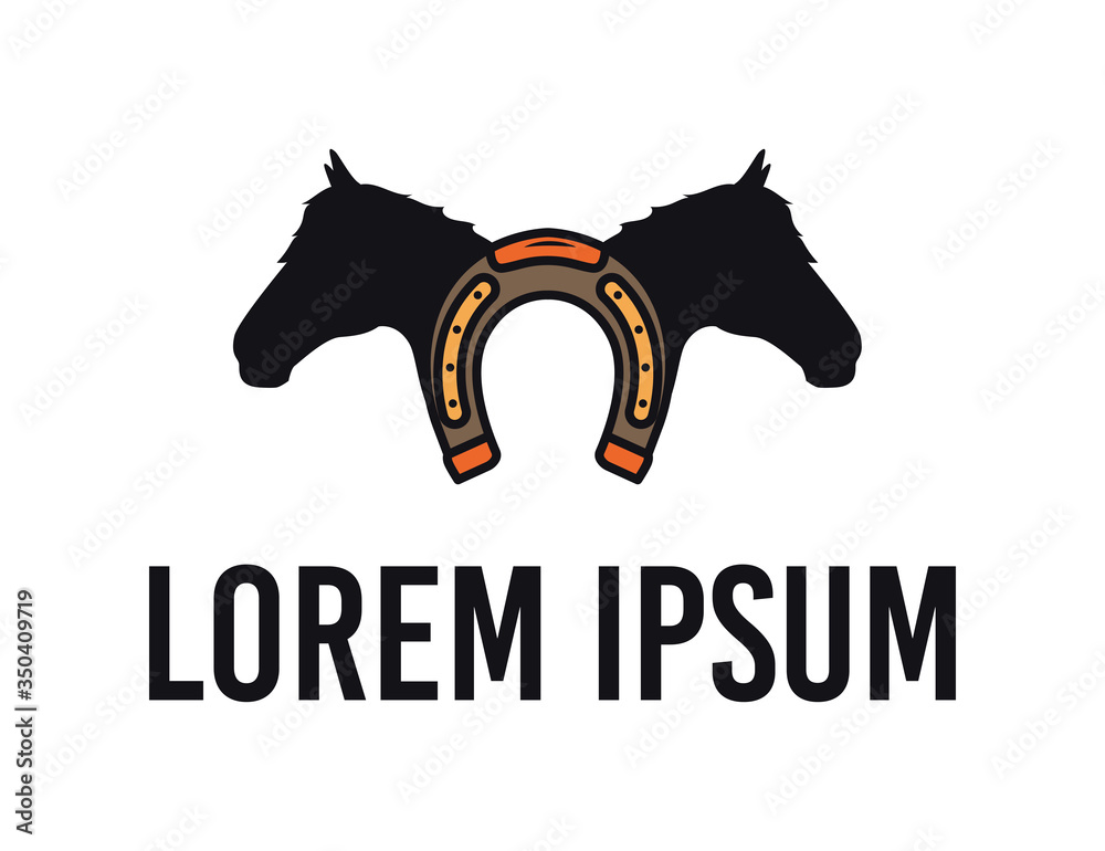 Logo with a horseshoe, horse silhouette and text. Logo horse head