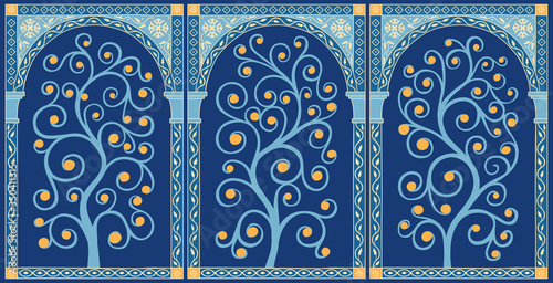 Decorative triptych floral ornament. Decorative triptych floral ornament. Wall partition eastern decor. Decoration for partitions, stained glass, furniture