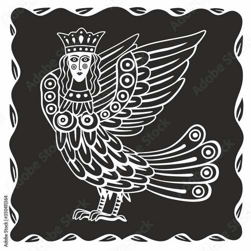Illustration of a mythological bird-girl Sirin. Stylization of a medieval book miniature