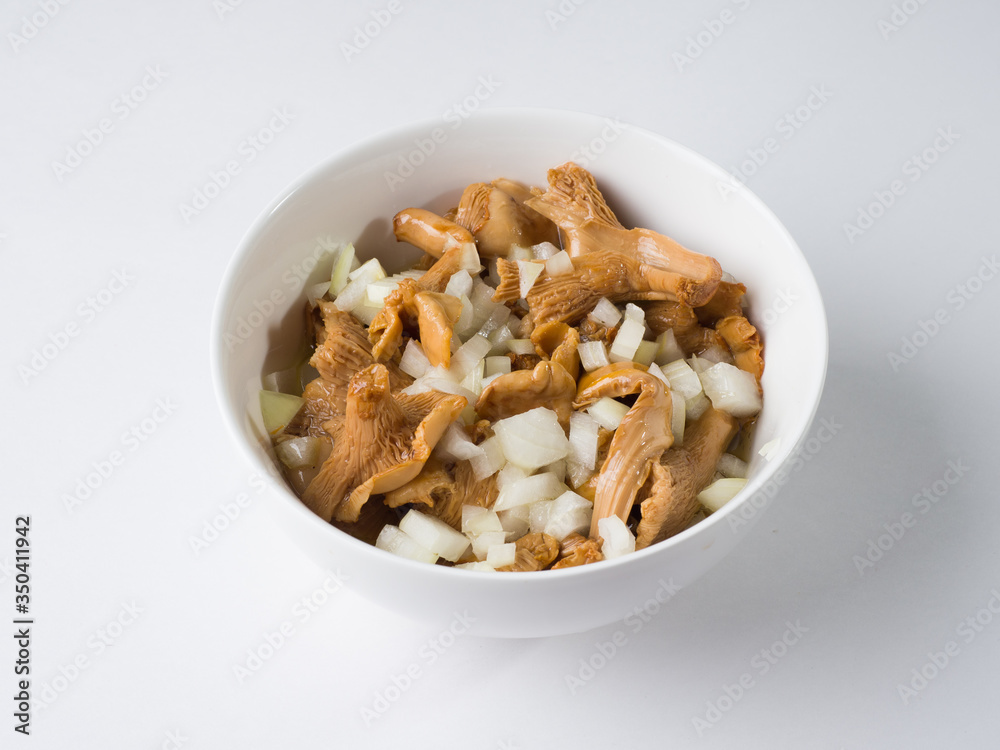 Marinated mushrooms Redheads in a white bowl with onions and vegetable oil. Side view Marinated mushrooms Redheads in a white bowl with onions and vegetable oil. Side view