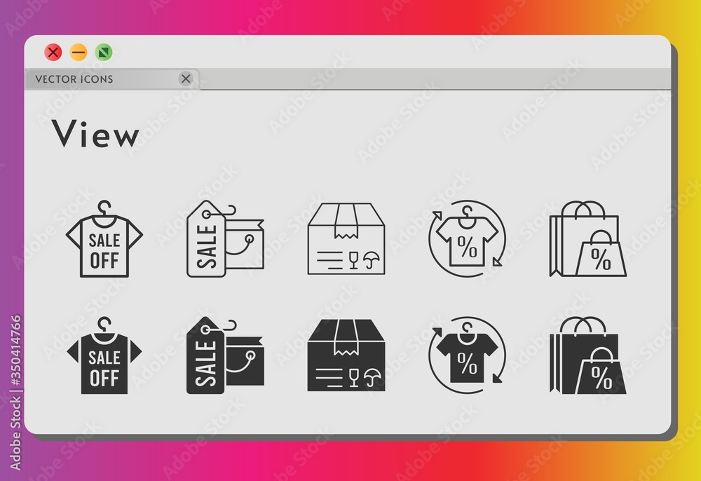 view icon set. included shopping bag, shirt, package icons on white background. linear, filled styles.