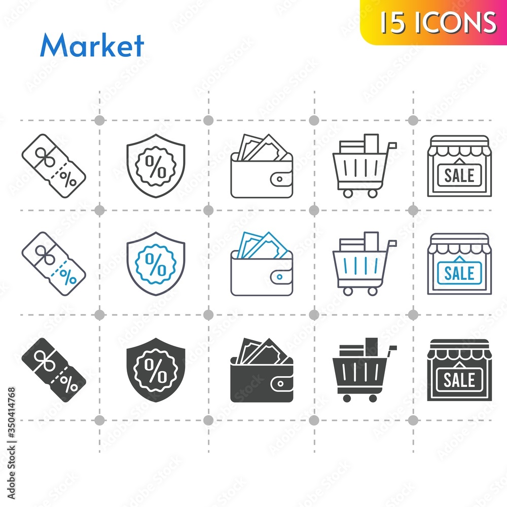 market icon set. included wallet, shop, shopping cart, discount, warranty icons on white background. linear, bicolor, filled styles.