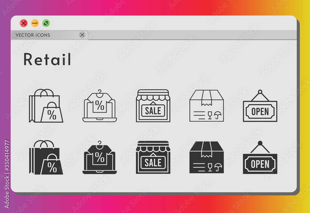 retail icon set. included shopping bag, online shop, shop, package, open icons on white background. linear, filled styles.