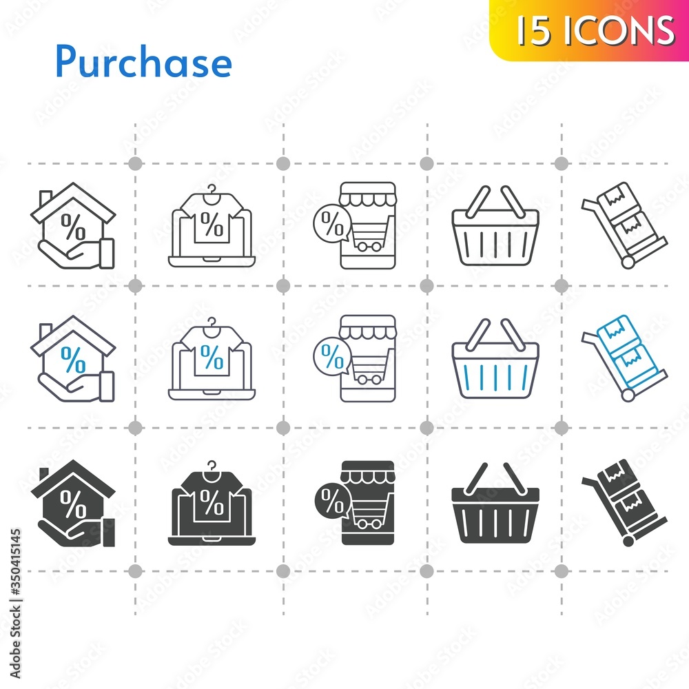 purchase icon set. included online shop, mortgage, shopping-basket, shopping basket, trolley icons on white background. linear, bicolor, filled styles.
