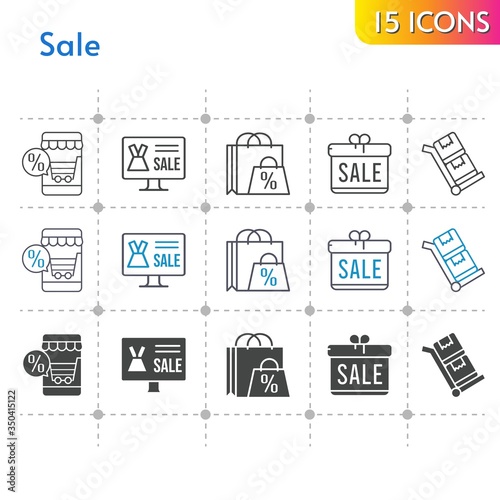 sale icon set. included gift, online shop, shopping bag, trolley icons on white background. linear, bicolor, filled styles.