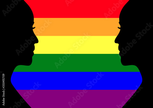 Two women face outline in black on horizontal rainbow flag sexual identity background with space. The pride flag representing LGBT (lesbian,gay,bisexual,transgender). Human rights and freedom concept.