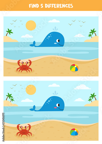 Cute cartoon summer seascape with whale, crab and toy ball.