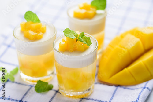 Photos Thai dessert mango pudding, ripe mango dip in agar and coconut milk jelly on top