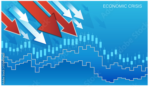 The global economic and financial crisis. Graph of falling stock prices  currency fluctuations. Red and white arrows head down. Decrease in the financial value of companies. Vector illustration.