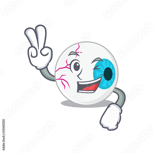Happy eyeball cartoon design concept show two fingers