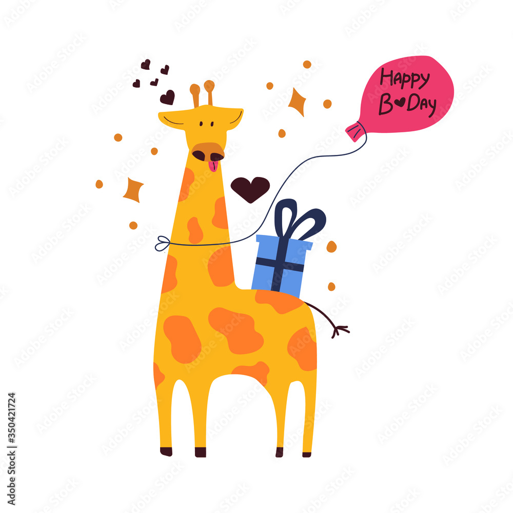 Cute giraffe with gift box on his back and ballon tied to the nack with text happy birthday. Hand drawn concept. Flat vector illustration for greeting card, children's design.
