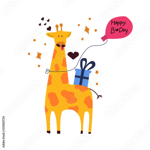 Cute giraffe with gift box on his back and ballon tied to the nack with text happy birthday. Hand drawn concept. Flat vector illustration for greeting card, children's design.