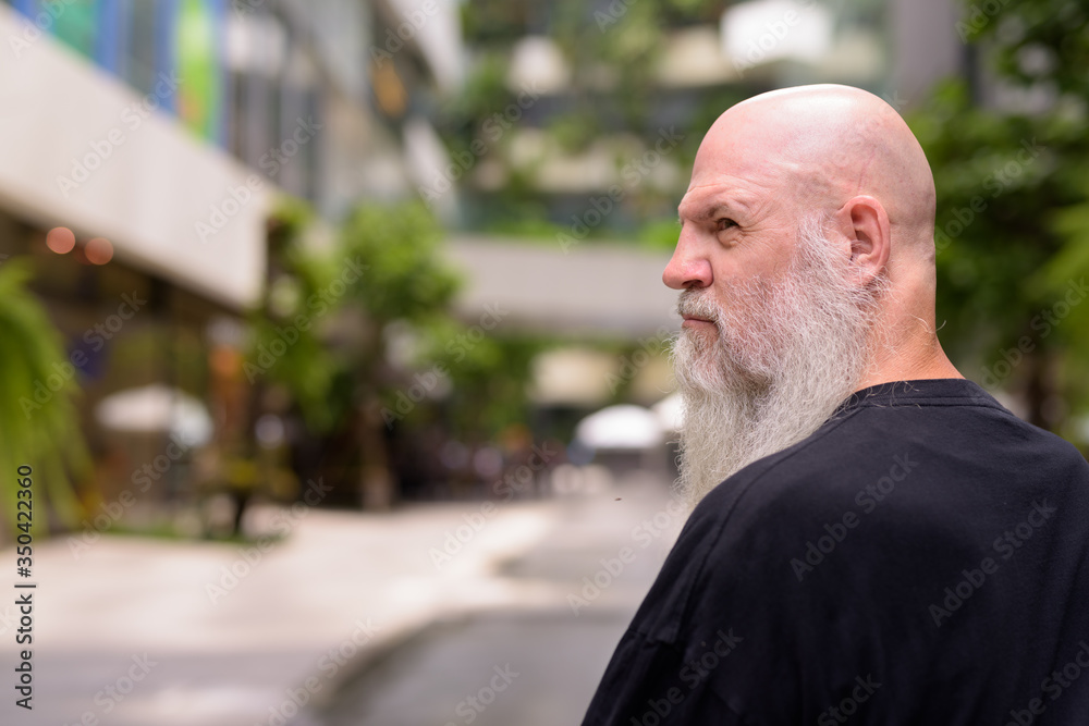 Profile view of mature bald bearded man with nature in the city Profile view of mature bald bearded man with nature in the city