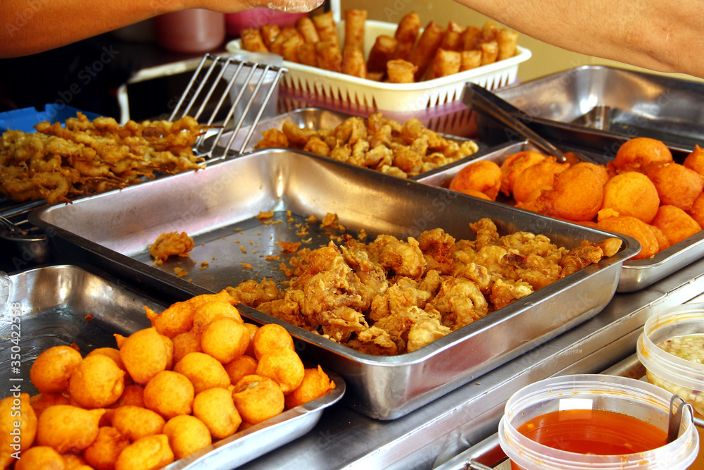 Assorted deep fried snack food sold at a food kiosk