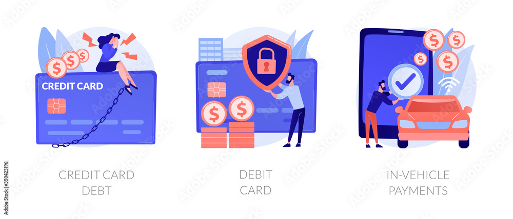 Fototapeta premium Personal finance idea. Online banking, digital currency. Money debt, financial operation. Credit card, debit card, in-vehicle payments metaphors. Vector isolated concept metaphor illustrations