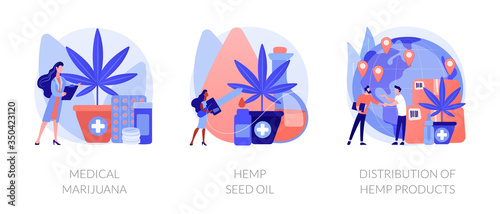 Medical marijuana metaphors. Hemp seed oil, distribution of cannabis products, herbal medications. Cannabidiol acid drug. Weed for medical use. Vector isolated concept metaphor illustrations.