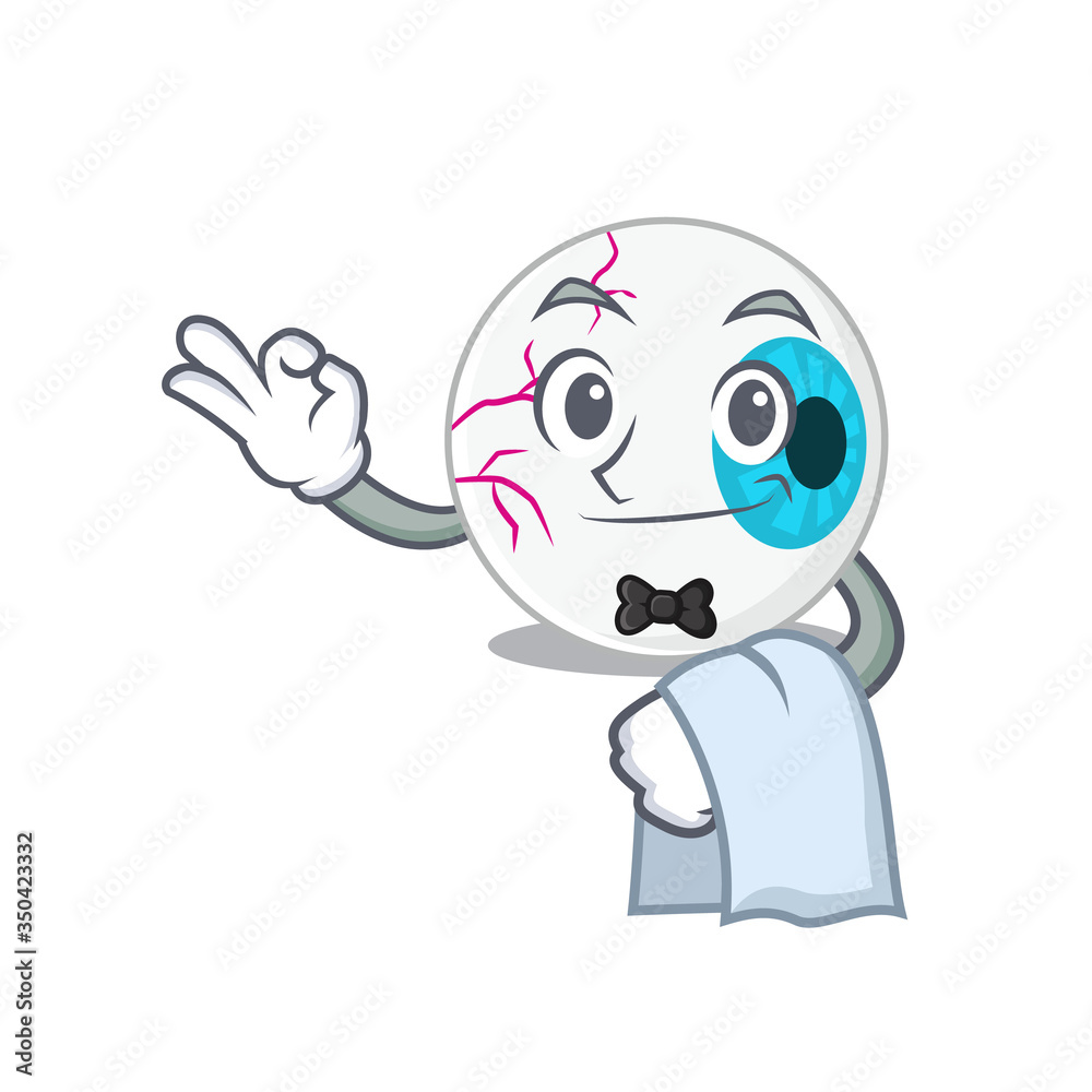 A cartoon picture of eyeball waiter with a white napkin