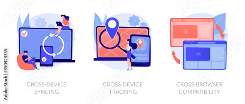 Cross platform software. Synchronized devices, browser sync. Cross-device syncing, cross-device tracking, cross-browser compatibility metaphors. Vector isolated concept metaphor illustrations.