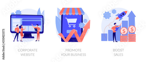 Business management. Startup lunch, sales and profit increasing, company webpage. Corporate website, promote your business, boost sales metaphors. Vector isolated concept metaphor illustrations.
