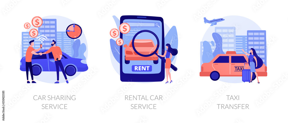 City transport usage. Rent a car agency. Sharing economy trends in urban traffic. Carsharing service, rental car service, taxi transfer metaphors. Vector isolated concept metaphor illustrations