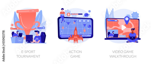 Cyber sport professional competition. Internet and computer games streaming. E-sport-tournament, action game, video game walkthrough metaphors. Vector isolated concept metaphor illustrations.
