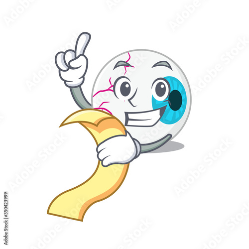 Eyeball mascot character style with a menu on his hand