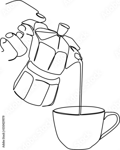 Pouring coffee from a moka pot into a cup.Continuous single line drawing vector 