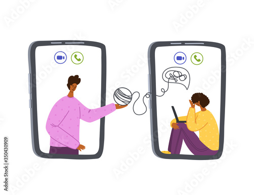 Psychological online services - personal distance support or assistance at home by internet. Upset girl crying, talking with psychologist by phone, individual therapy session or consultation vector