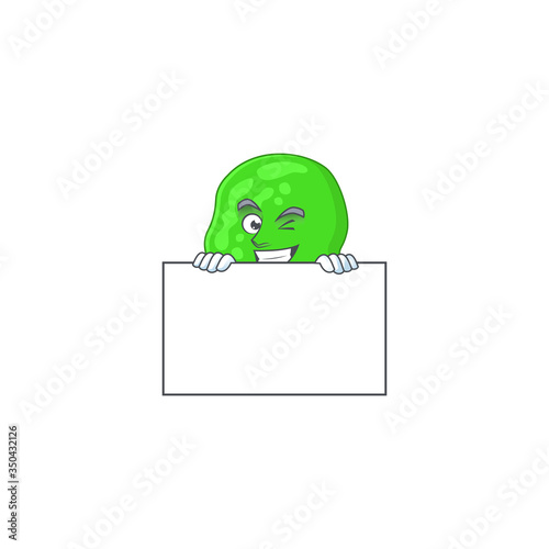 Mascot design style of sarcina ventriculli standing behind a board