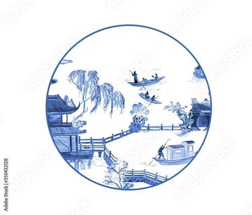 Artistic expression of Oriental culture, blue and white porcelain pattern, porcelain design, suitable for textile and clothing design