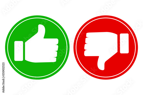 Thumb up and thumb down icon. Approval and dislike. Vector image of a green and red button. Stock Photo.