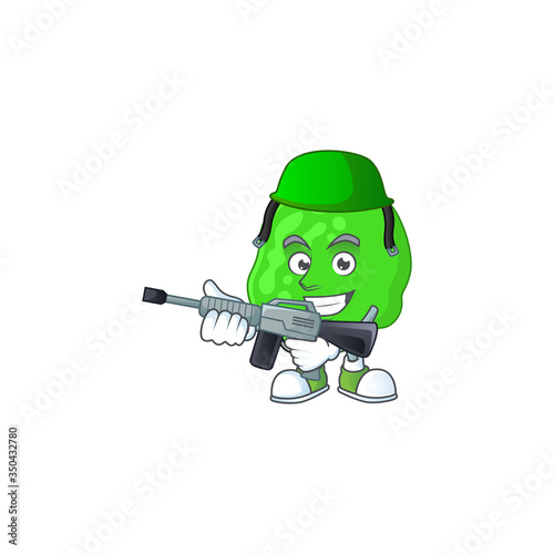 A mascot design picture of sarcina ventriculli as a dedicated Army using automatic gun